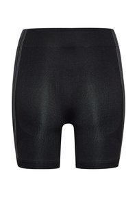 Zwarte sportieve shorts met een geribbelde textuur, voorzien van een hoge tailleband en zijdetails van kleine ronde uitsparingen.