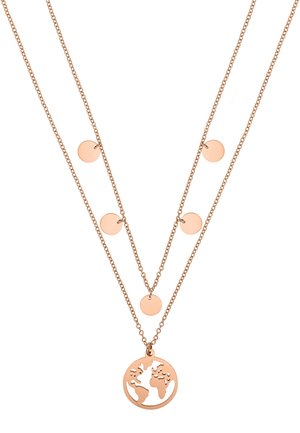 Collier à double chaîne en or rose avec cinq petits disques ronds et un plus grand pendentif en forme de contour d'une carte du monde.