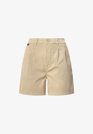 Shorts caqui con un corte entallado, que presentan un cierre de botón, pliegues delanteros y lazo estándar para cinturón. Textura de tela de algodón suave.