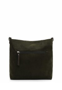 Green suede shoulder bag with a top zip closure, featuring a front pocket with a zipper and a smooth texture. Adjustable strap included.