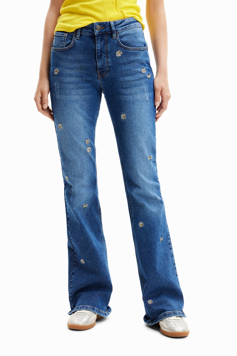 Desigual Jeans Donna Denim Azzurro - Vestibilità Dritta Con Ricami Floreali - 2