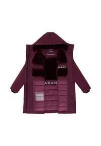 Bordeaux-gekleurde geïsoleerde parka met een fleece-gevoerde kraag, ritssluiting en drukknoopsluitingen, binnenzakken en gewatteerde voering. Merklabel "NAVAHOO" zichtbaar.