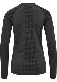 Dunkelgraues langärmliges Shirt mit strukturierten Mustern auf den Schultern und am Rücken, mit rundem Halsausschnitt und gerippten Bündchen.