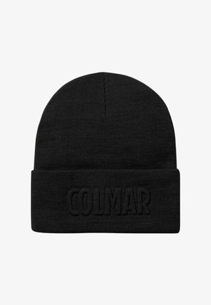 Berretto nero lavorato a maglia realizzato in tessuto morbido, con risvolto e logo "COLMAR" in rilievo. Testura liscia e vestibilità aderente.