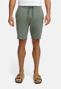 Mand iført olivengrønne snøreshorts og beige sandaler, stående mod en ensfarvet hvid baggrund.