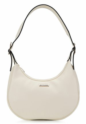 Kremowa torebka w kształcie półksiężyca z pojedynczym regulowanym paskiem wykończonym na czarno i małą metalową plakietką z logo "WITTCHEN" z przodu.