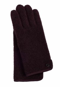 Gants bordeaux foncé en matériau texturé, avec quatre compartiments pour les doigts et un accent de logo sobre au niveau du poignet.