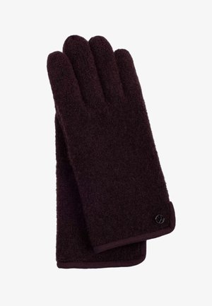 Dark burgundy gloves made of a textured material, featuring four finger compartments and a simple logo accent at the cuff.