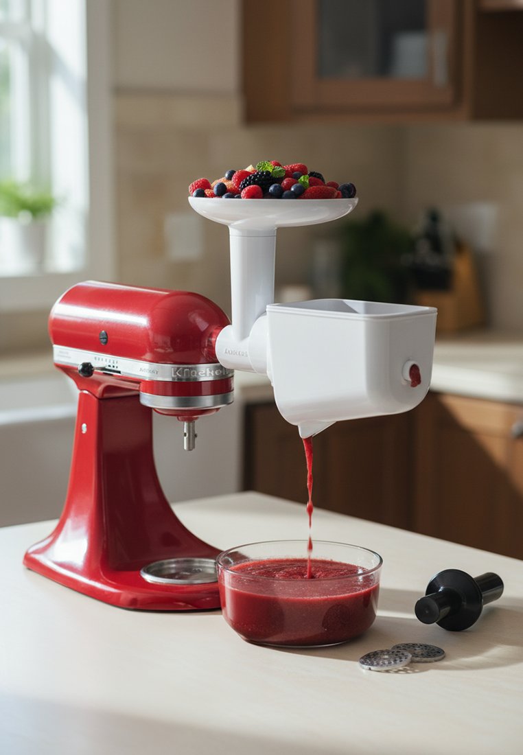 Batidora de pie roja con accesorio exprimidor de frutas blanco procesando frutos del bosque mixtos en un bol de cristal sobre una encimera de cocina.