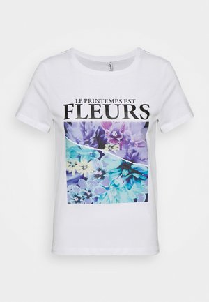 Bílá bavlněná tričko s květinovým grafickým potiskem v odstínech modré a fialové, s černým textem "LE PRINTEMPS EST FLEURS."