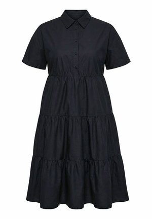 Schwarzes, kurzärmliges gestuftes Kleid mit kragenlosem Knopfverschluss am Ausschnitt und geraffter Taille, A-Linien-Silhouette, knielang.