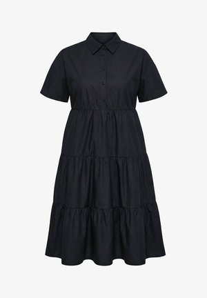 Sort kortærmet kjole med lagdelt design, krave med knapper og indsnøring i taljen, A-formet silhuet, knælang.