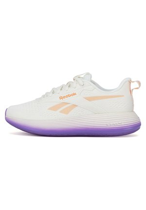 Białe buty sportowe z oddychającą cholewką z dzianiny, z podeszewką o fioletowym gradientowym kolorze. Logo Reebok w pomarańczowym kolorze po bokach. Okrągły kształt noska.
