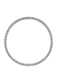 Sølv kæderekat med sammenkoblede led, glat tekstur og en flad lukning med en rektangulær detalje.