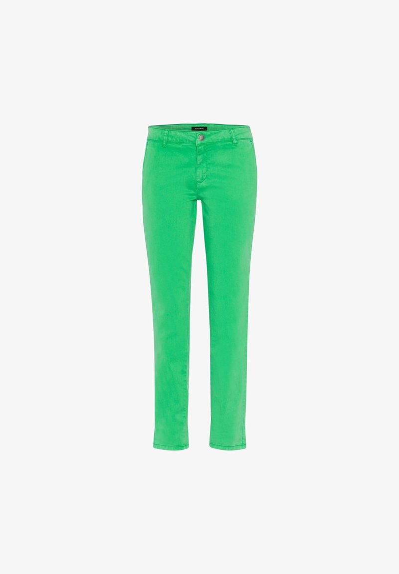 Pantalon en coton vert avec une coupe ajustée, fermeture à boutons et design classique à cinq poches. Texture lisse sans motifs ni accents notables.