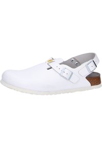 White clog with a smooth finish, adjustable buckles, and a textured cork heel. Features a slight curve in the toe area and a rubber sole.