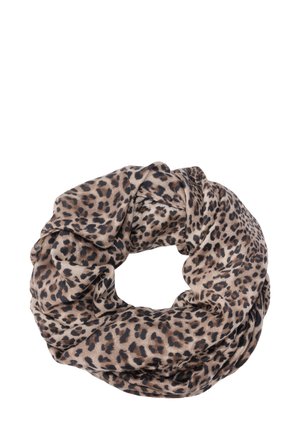 Leopardenmuster Infinity-Schal in Beige und Schwarz, aus weichem Stoff mit einer leicht kräusligen Struktur und.loop-Design.