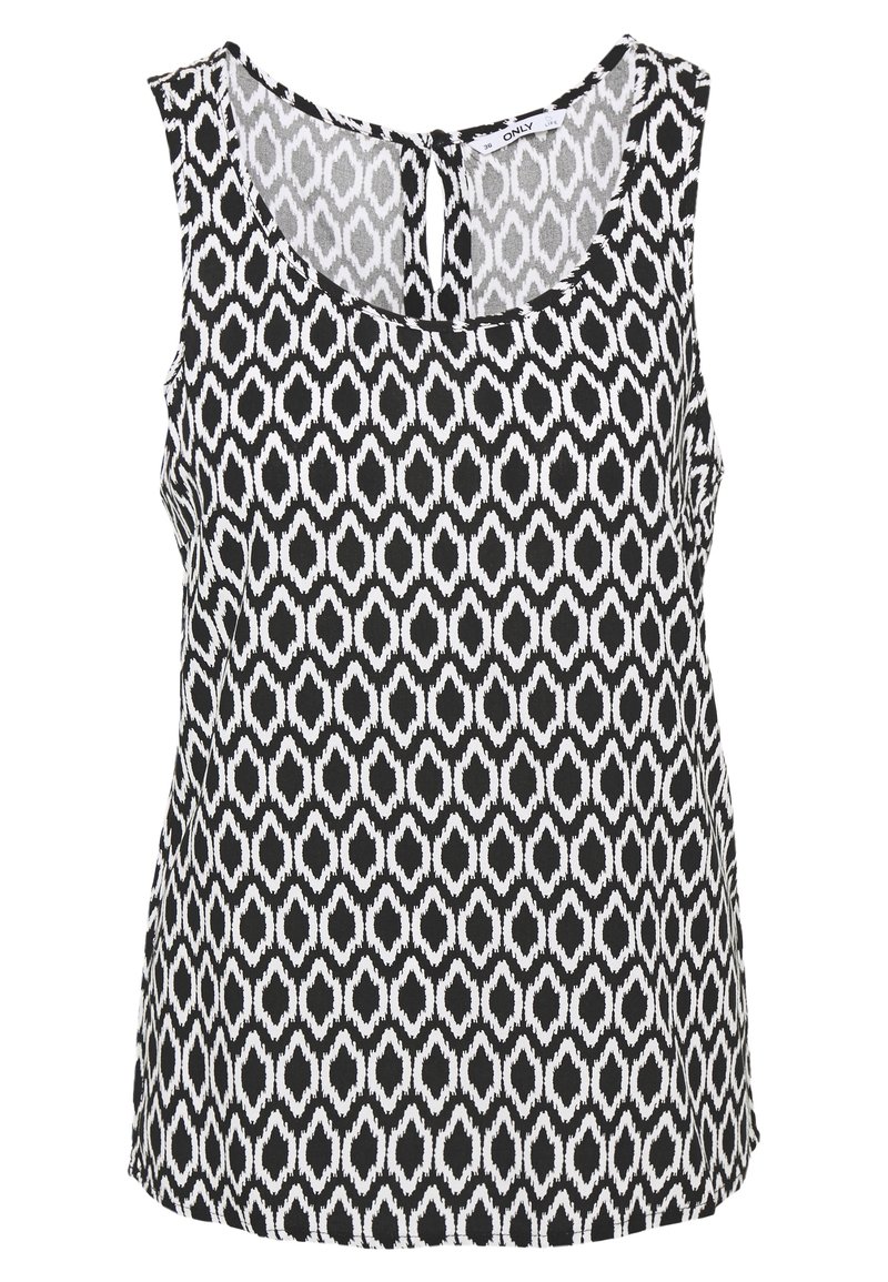 Haut sans manches noir et blanc à motif ikat, avec un col rond et un détail dos à ouverture en trou de serrure. Tissu doux avec une texture lisse.