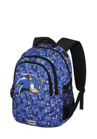 Mochila azul hecha de un tejido duradero con diseño de Sonic the Hedgehog, múltiples bolsillos, cremalleras suaves y correas acolchadas.