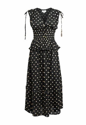 Schwarzes Midikleid mit beigen Polka-Dots, V-Ausschnitt, geraffter Taille, gesammeltem Oberteil und Bindebändern an den ärmellosen Schultern.