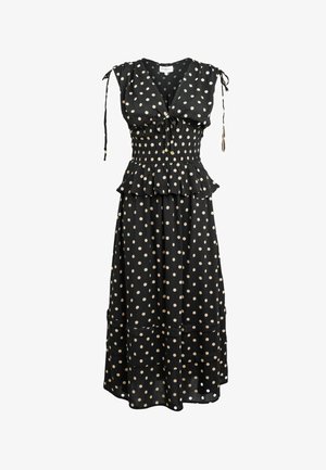 Must midi kleit beeži polka-täppidega, V-kaelusega, volangidega vöökohaga, kokkusepitud bodi ja lipsudega detailid varrukateta õlgadel.