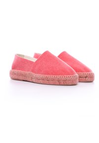 Espadrillas in tela di un vivace rosa, con punta chiusa e retro aperto, dotate di una suola in juta intrecciata per un tocco di texture e dettaglio.