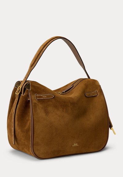 Brown suede handbag with a single wide handle, gold zipper, and small gold logo "Polo by Ralph Lauren" on front center.