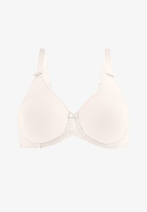 Hvid polstret bh med justerbare stropper og små dekorative sløjfer på stropperne og midten foran, vist på en hvid baggrund.