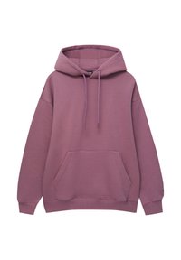 Felpa a collo alto in mauve con tasca frontale a marsupio, cappuccio con cordini e polsini e orlo a costine, esposta su uno sfondo bianco.