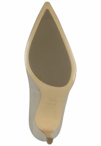 Scarpa beige a punta, tomaia in pelle liscia, tacco sottile e suola flessibile in gomma marrone chiaro. Presenta il logo sulla suola.