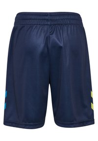 Marineblauwe sportshorts van een soepel, lichtgewicht stof met een elastische tailleband en blauwe en gele accentpatronen aan de zijkanten.