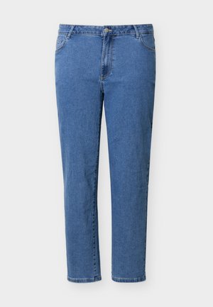 Blauwe spijkerbroek van denim met knopen en ritssluiting aan de voorkant, klassiek ontwerp met vijf zakken, rechte pijpen, plat uitgestald op een witte achtergrond.