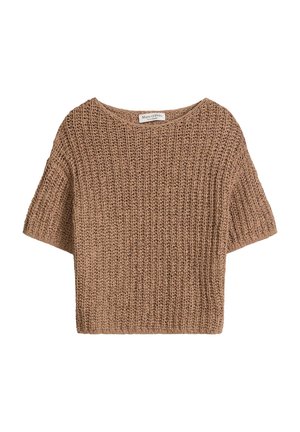 Short-sleeve, chunky knit brown sweater with a round neckline and textured pattern.