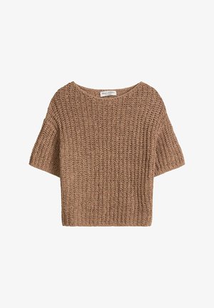 Short-sleeve, chunky knit brown sweater with a round neckline and textured pattern.