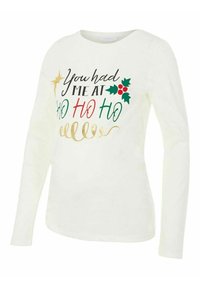 Lysecreme langærmet t-shirt med festlig tekst, der har røde, grønne og gyldne accenter samt grafik af kristtornblade. Blødt stof, almindelig pasform.