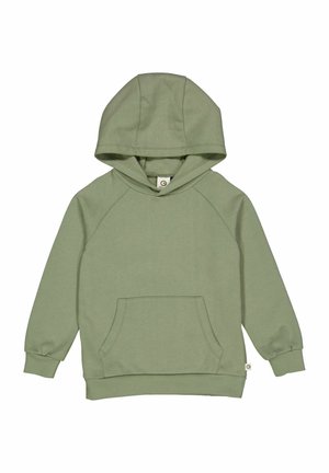 Hellgrüner Kapuzenpullover mit Raglanärmeln, einer Fronttasche und gerippten Bündchen. Aus weichem Stoff gefertigt, mit einem kleinen Logobranding.