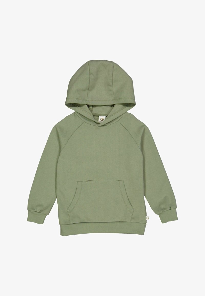 Sweatshirt vert clair avec capuche, manches raglan, poche avant et poignets côtelés. Fabriqué en tissu doux, avec une petite étiquette de logo.