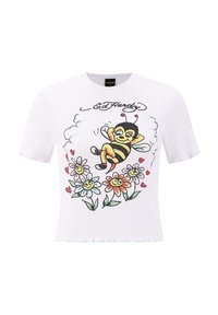 Wit T-shirt met korte mouwen en een geribbelde textuur, met een kleurrijke bijafbeelding en bloemen met lachende gezichten, omrand door zwart.