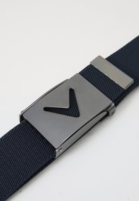 Navy blue woven nylon belt with a metallic silver clasp featuring a triangular cutout design, showcasing a sleek and functional style.