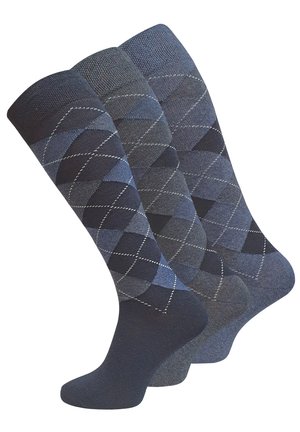 Three pairs of knee-length socks in varying shades of blue. Two feature diamond patterns, and one is solid dark navy. Cotton blend material.