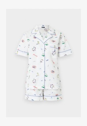Fehér, rövid ujjú gombos pizsama szett kék szegéllyel, színes kis nyomatokkal napszemüvegről, ananászokról, pálmafákról és strandruházatról.