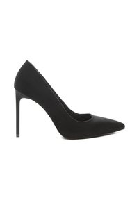 Décolleté neri in suede con punta affusolata e tacco a stiletto affilato. Presenta un design a taglio basso lungo i lati per un'eleganza aggiuntiva.