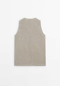 Hellbeige ärmelloses Top mit rundem Ausschnitt. Der Stoff hat eine subtile Textur und zeichnet sich durch eine glatte Oberfläche und klare Linien aus.