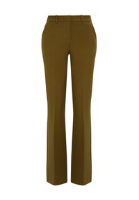 Olijfgroene op maat gemaakte broek met een rechte pijp, riemlussen, zijzakken en een gladde textuur. Geen zichtbare patronen of hardware.