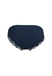 Granatowe majtki z koronkową lamówką, gładkim, miękkim materiałem i falistym wykończeniem krawędzi. Projekt cechuje się bezszwowym wykończeniem i elastycznym paskiem w talii.