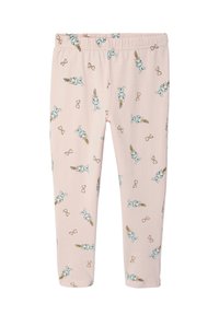 Pyjamahosen aus weichem, elastischem Stoff in Hellrosa mit einem wiederholten Druck von Cartoon-Hasen und Schleifen in Blau und Gelb.