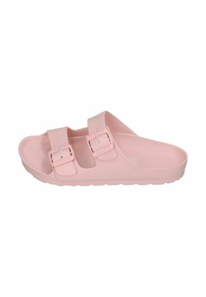 Light pink slip-on sandal with two adjustable buckle straps and a textured sole for grip.