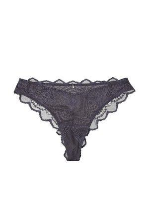 Spitzen-Tanga in tiefem Marineblau mit gewellten Kanten. Verfügt über florale Muster und eine kleine Verzierung an der vorderen Mitte.