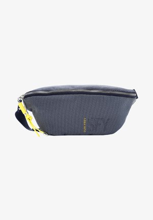 Navy fabric pouch with a textured pattern, silver zipper, and yellow accent. Features a side handle for easy carrying.