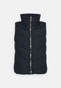 Granatowa pikowana kamizelka z wysokim kołnierzem, zamkiem błyskawicznym z przodu i pikowanym wzorem w kształcie litery V. Posiada boczne kieszenie oraz błyszczący srebrny zamek.